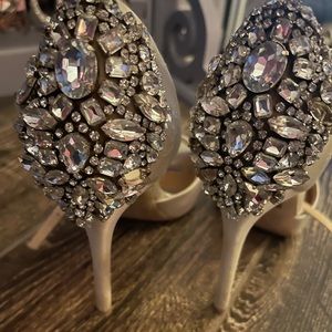 Badgley Mischka Bejeweled Ivory Satin Heels